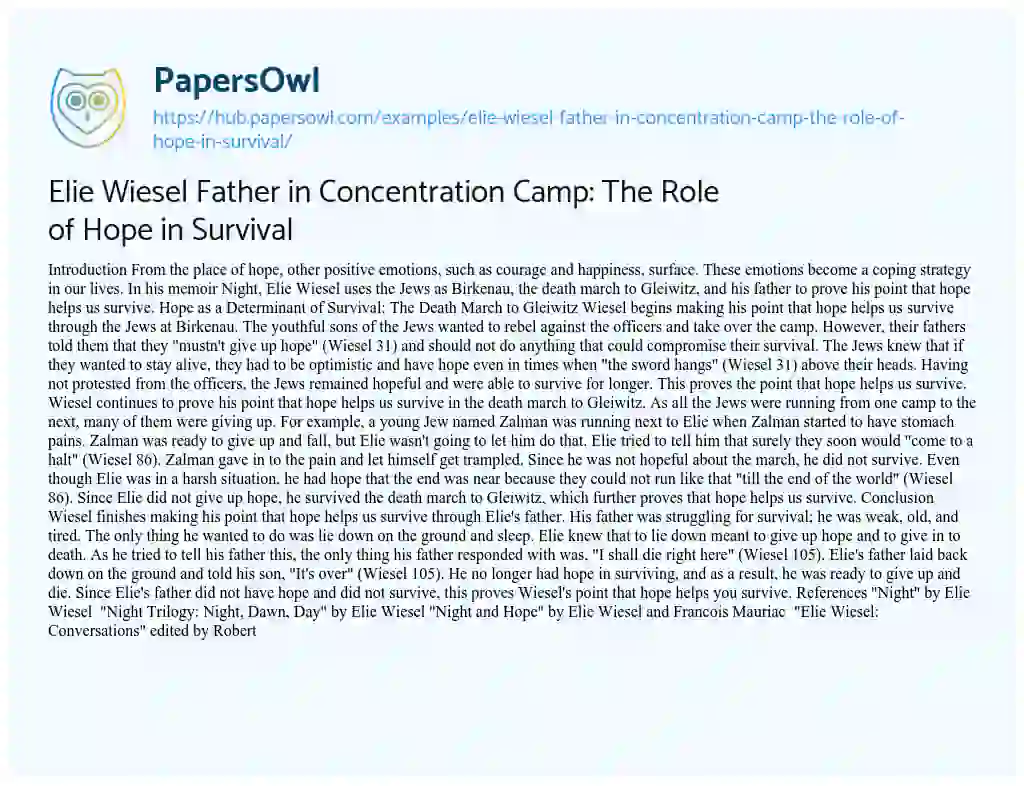 Essay on Elie Wiesel Father in Concentration Camp: The Role of Hope in Survival