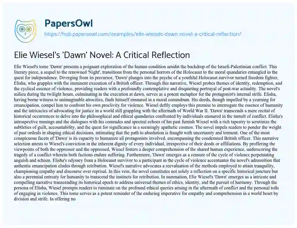 Essay on Elie Wiesel’s ‘Dawn’ Novel: A Critical Reflection