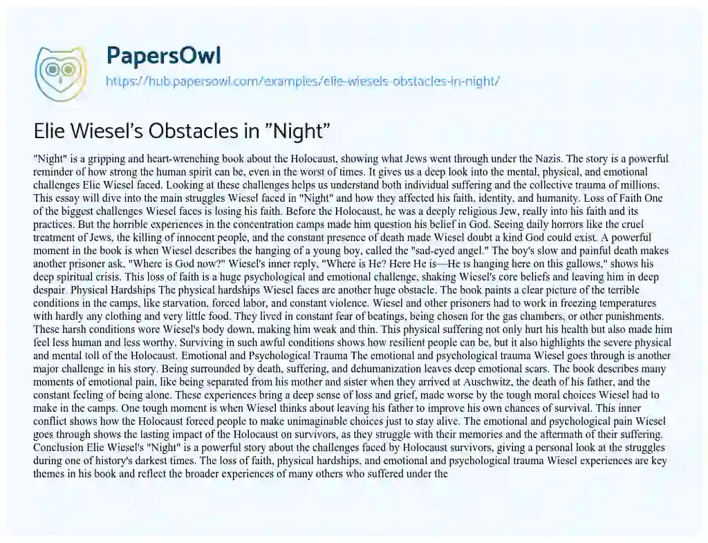 Essay on Elie Wiesel’s Obstacles in “Night”