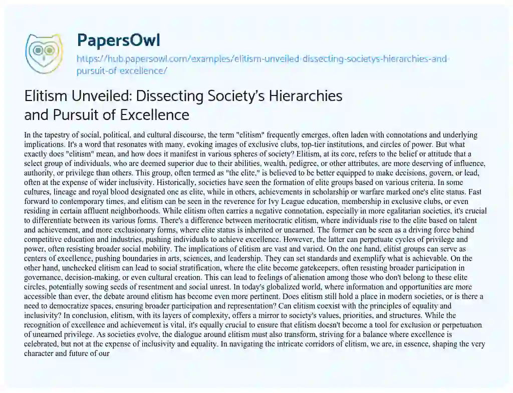 Essay on Elitism Unveiled: Dissecting Society’s Hierarchies and Pursuit of Excellence