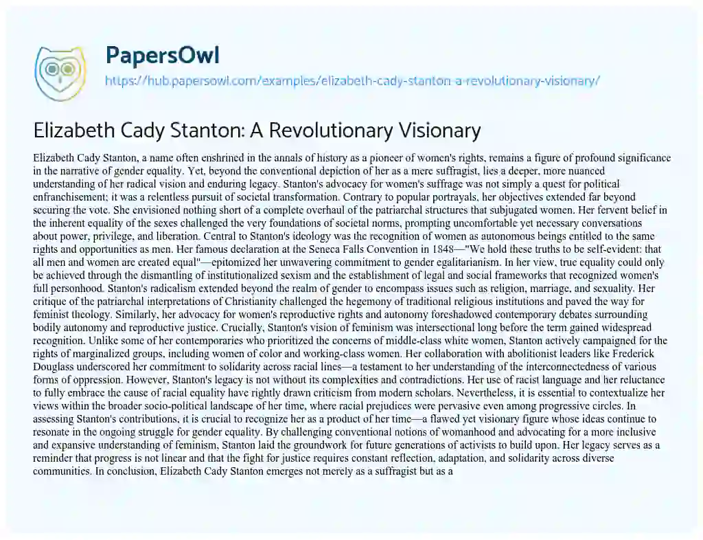 Essay on Elizabeth Cady Stanton: A Revolutionary Visionary