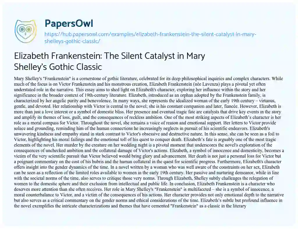 Essay on Elizabeth Frankenstein: The Silent Catalyst in Mary Shelley’s Gothic Classic