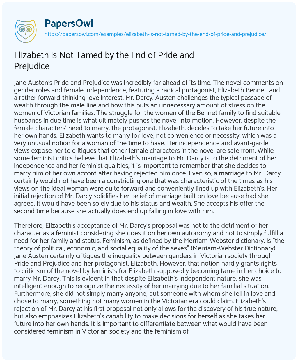 Essay on Elizabeth is Not Tamed by the End of Pride and Prejudice
