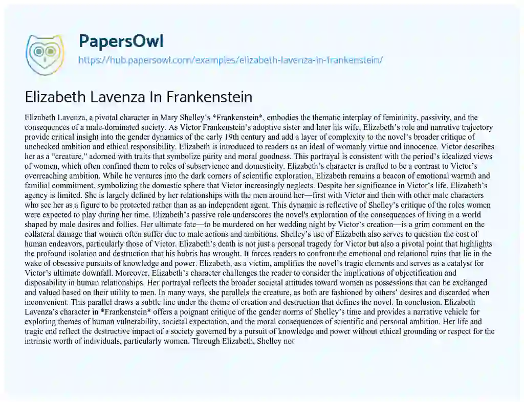 Essay on Elizabeth Lavenza In Frankenstein