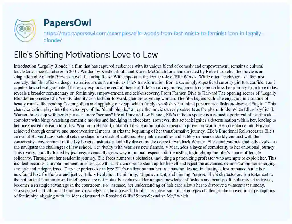 Essay on Elle’s Shifting Motivations: Love to Law