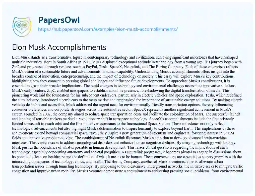Essay on Elon Musk Accomplishments