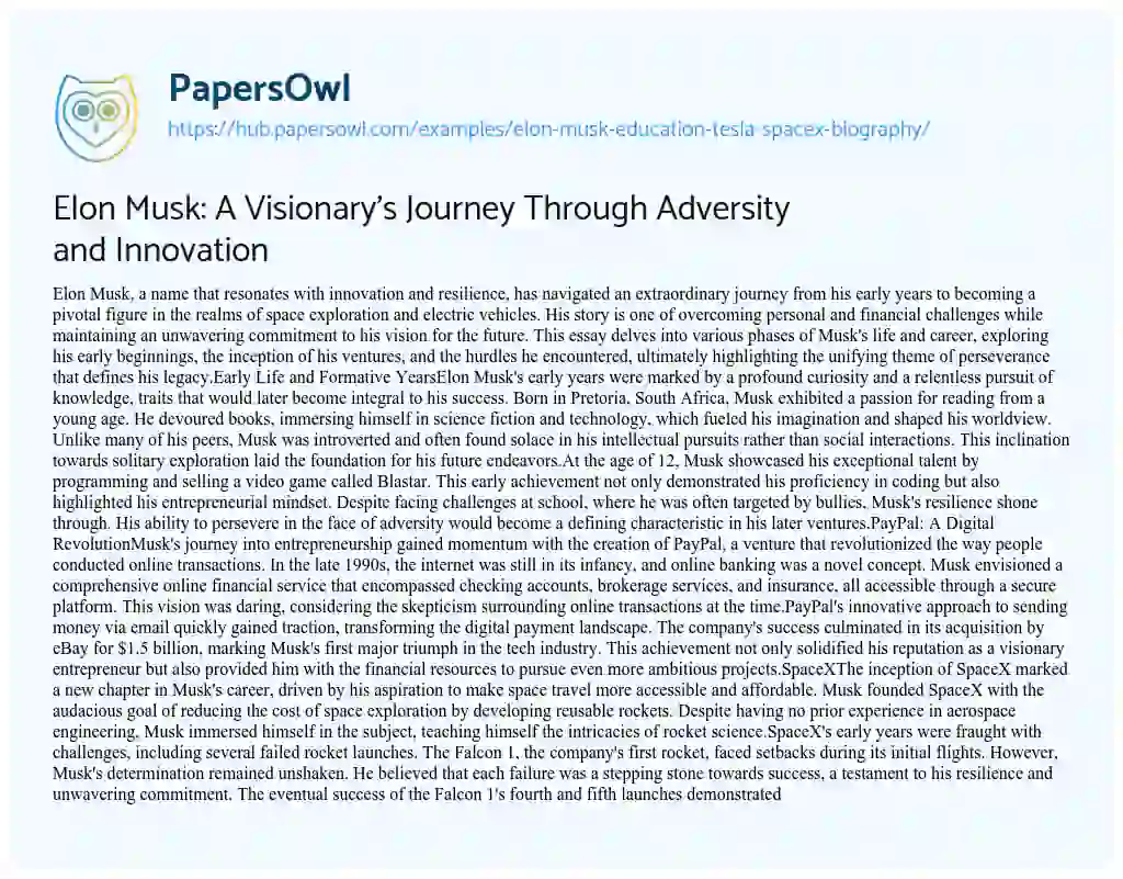Essay on Elon Musk: A Visionary’s Journey Through Adversity and Innovation