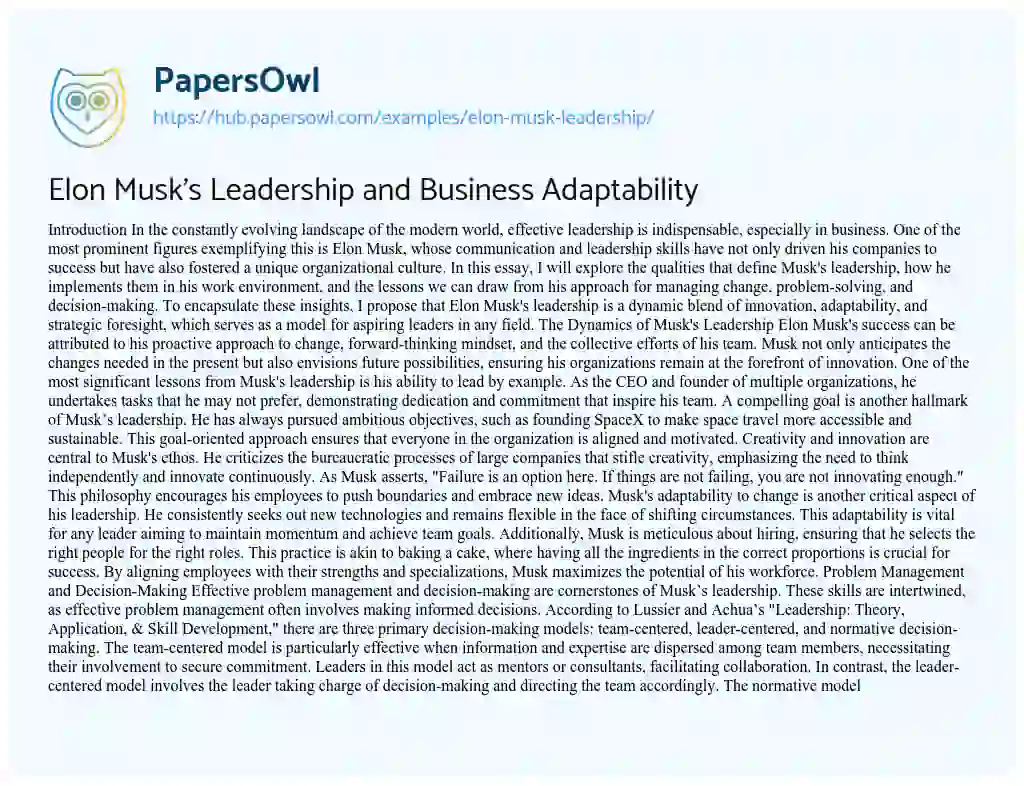 Essay on Elon Musk’s Leadership and Business Adaptability