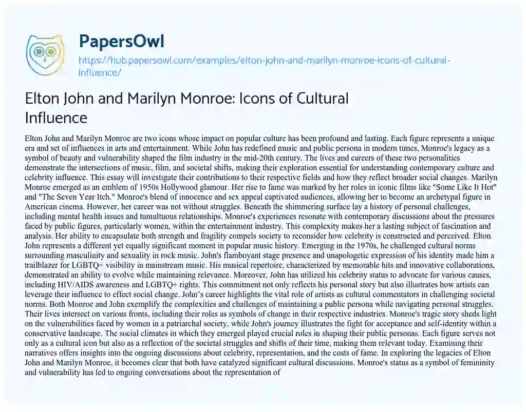 Essay on Elton John and Marilyn Monroe: Icons of Cultural Influence