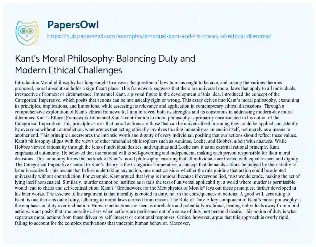 Essay on Kant’s Moral Philosophy: Balancing Duty and Modern Ethical Challenges