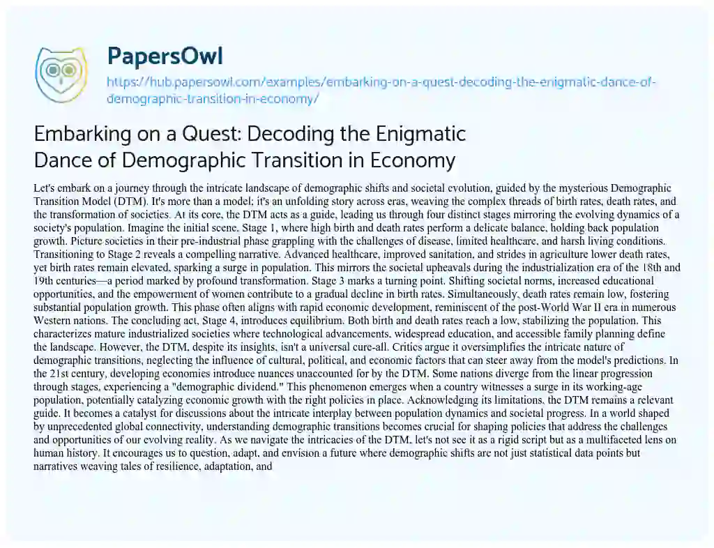 Essay on Embarking on a Quest: Decoding the Enigmatic Dance of Demographic Transition in Economy