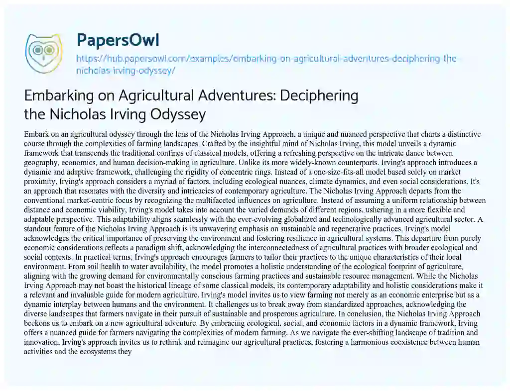 Essay on Embarking on Agricultural Adventures: Deciphering the Nicholas Irving Odyssey
