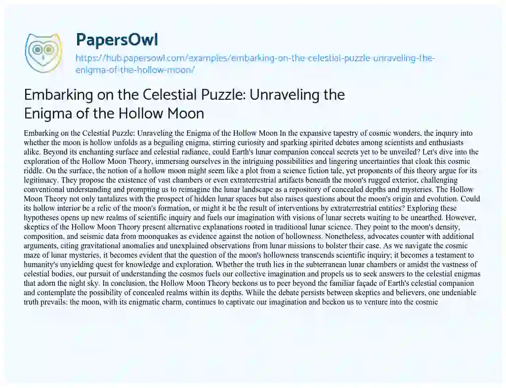 Essay on Embarking on the Celestial Puzzle: Unraveling the Enigma of the Hollow Moon