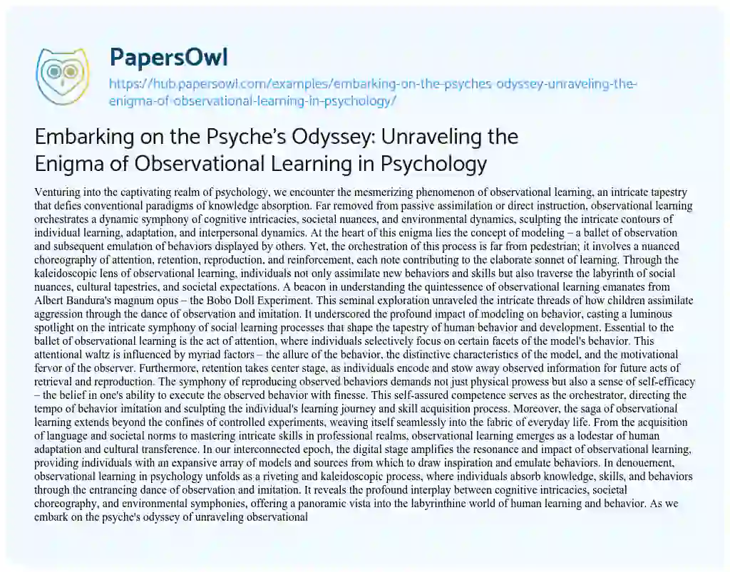 Essay on Embarking on the Psyche’s Odyssey: Unraveling the Enigma of Observational Learning in Psychology