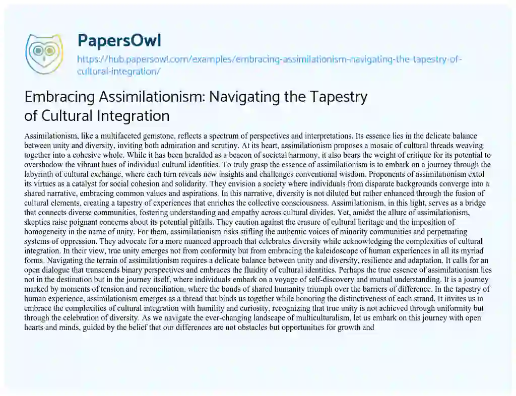 Essay on Embracing Assimilationism: Navigating the Tapestry of Cultural Integration