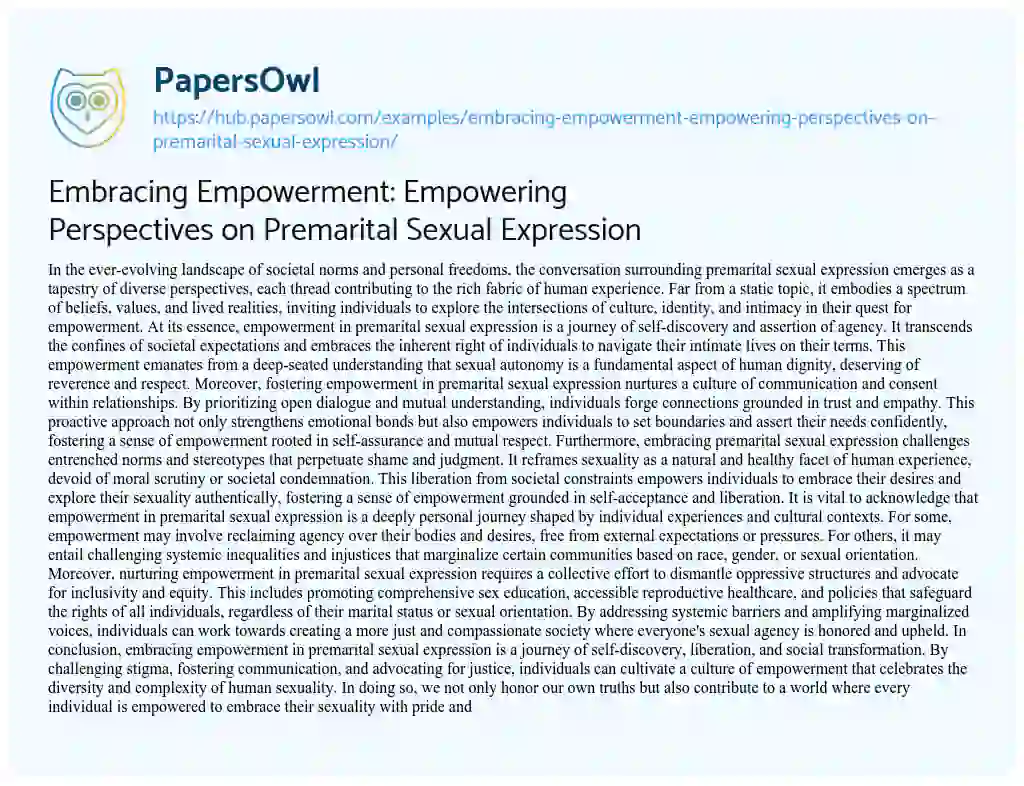 Essay on Embracing Empowerment: Empowering Perspectives on Premarital Sexual Expression