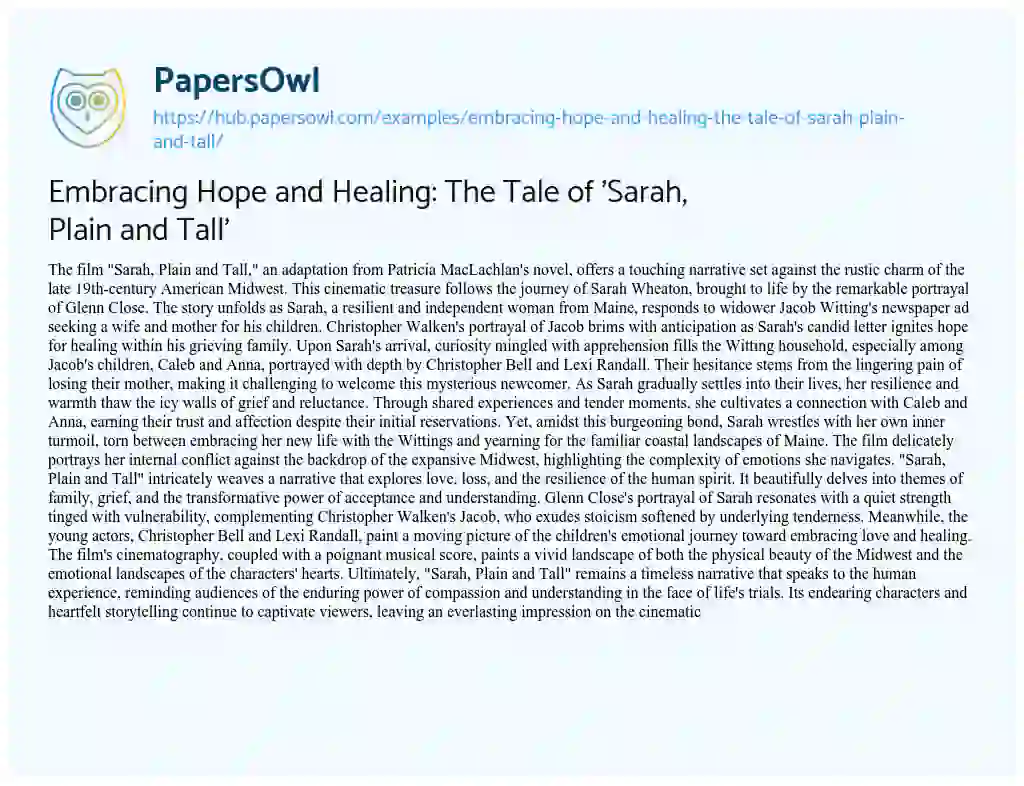 Essay on Embracing Hope and Healing: The Tale of ‘Sarah, Plain and Tall’