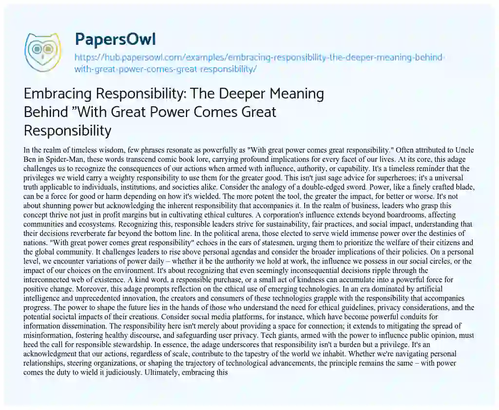 Essay on Embracing Responsibility: The Deeper Meaning Behind “With Great Power Comes Great Responsibility