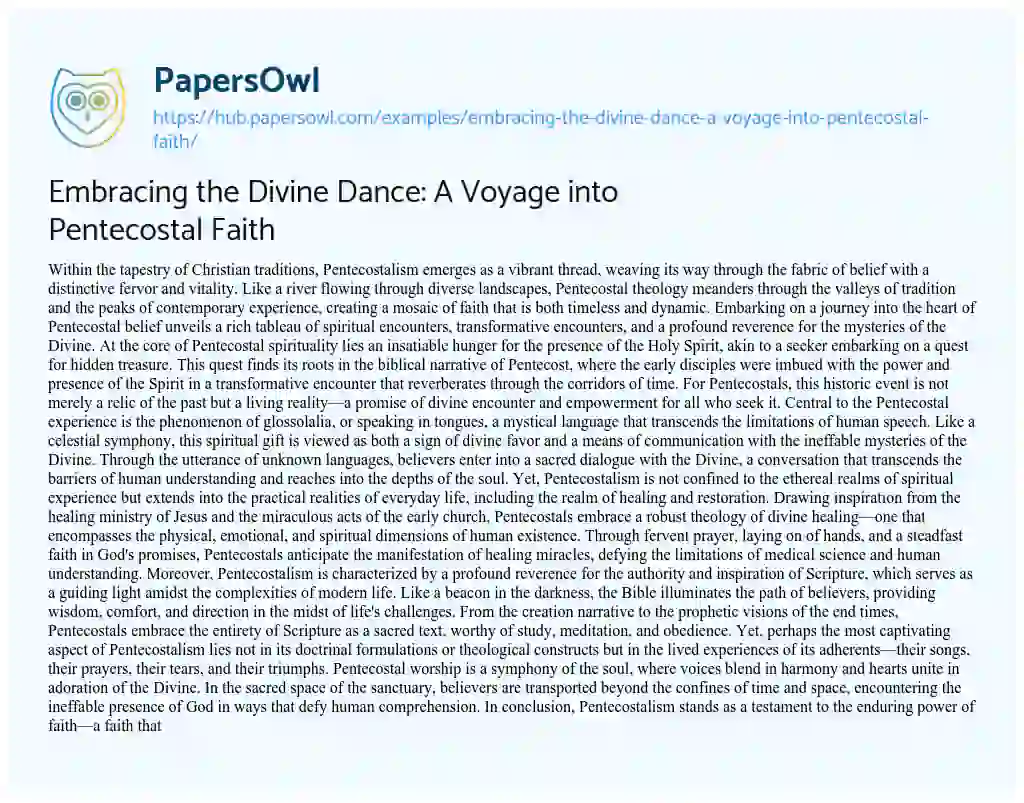 Essay on Embracing the Divine Dance: A Voyage into Pentecostal Faith
