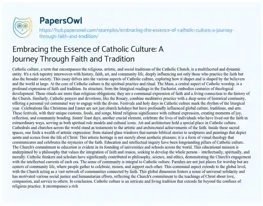 Essay on Embracing the Essence of Catholic Culture: A Journey Through Faith and Tradition