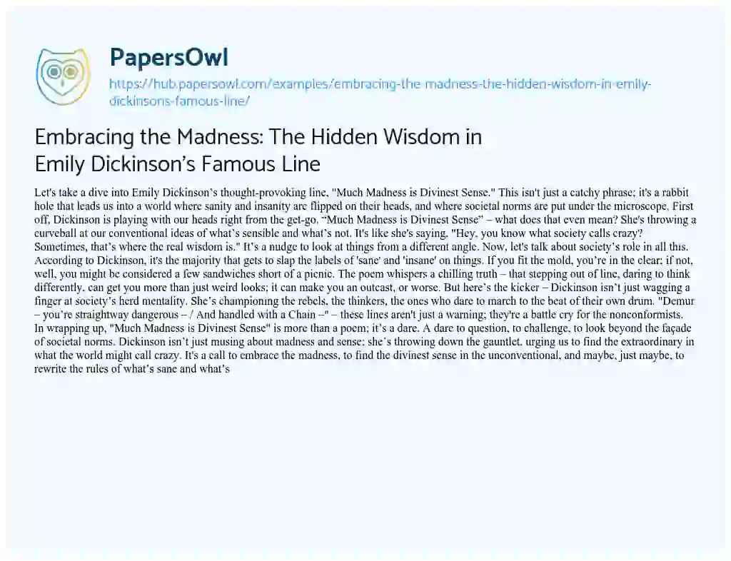 Essay on Embracing the Madness: The Hidden Wisdom in Emily Dickinson’s Famous Line