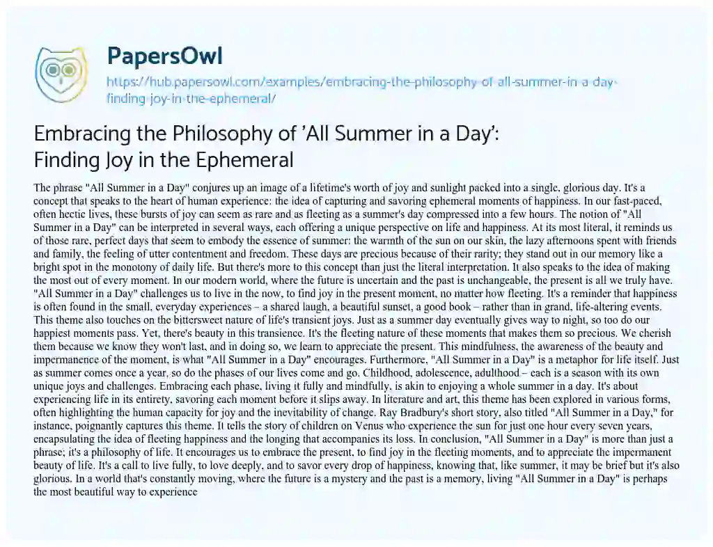Essay on Embracing the Philosophy of ‘All Summer in a Day’: Finding Joy in the Ephemeral