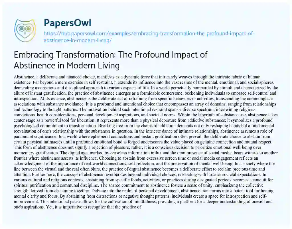 Essay on Embracing Transformation: The Profound Impact of Abstinence in Modern Living