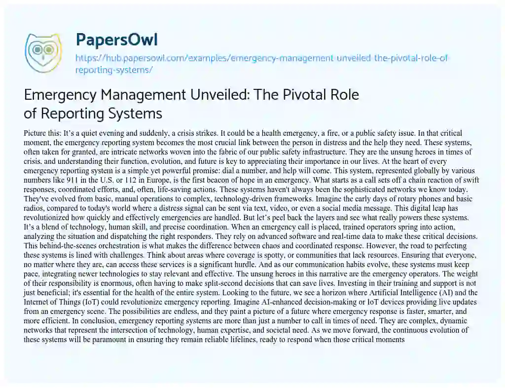 Essay on Emergency Management Unveiled: The Pivotal Role of Reporting Systems