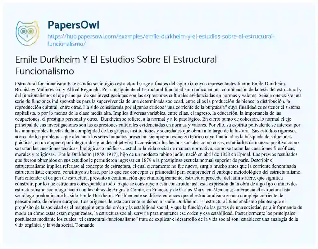 Essay on Emile Durkheim Y El Estudios Sobre El Estructural Funcionalismo