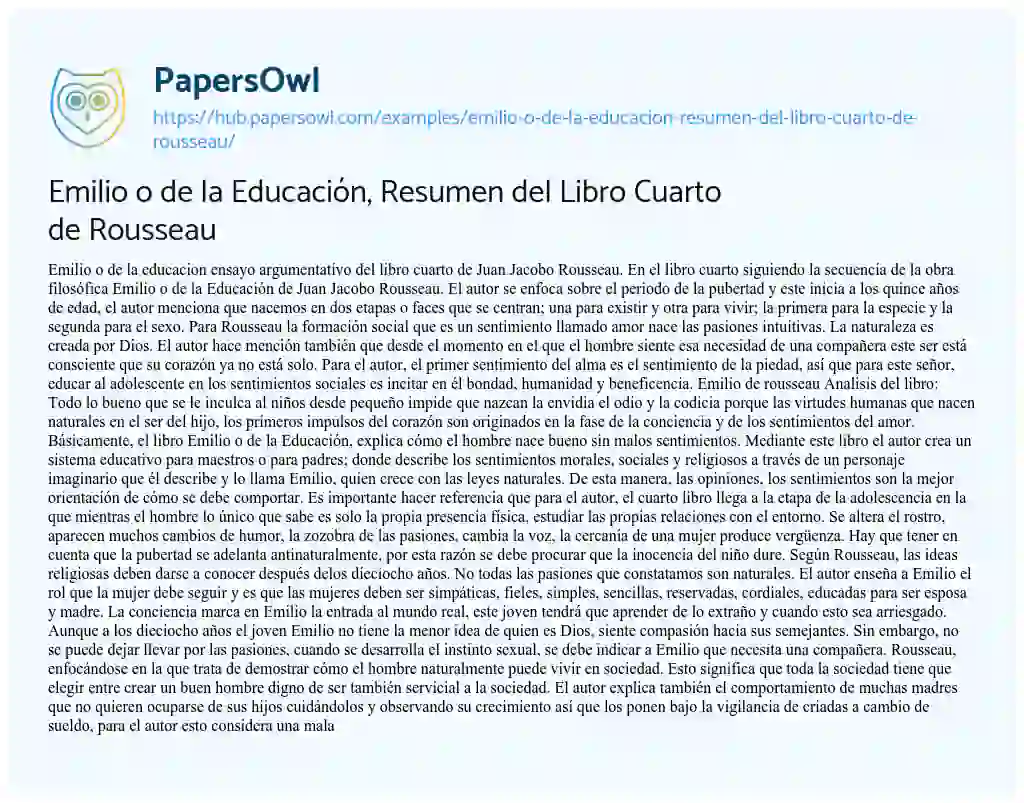 Essay on Emilio o de la Educación, Resumen del Libro Cuarto de Rousseau