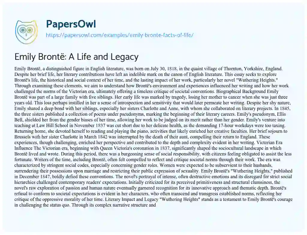 Essay on Emily Brontë: A Life and Legacy
