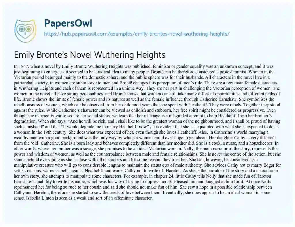 Essay on Emily Bronte’s Novel Wuthering Heights