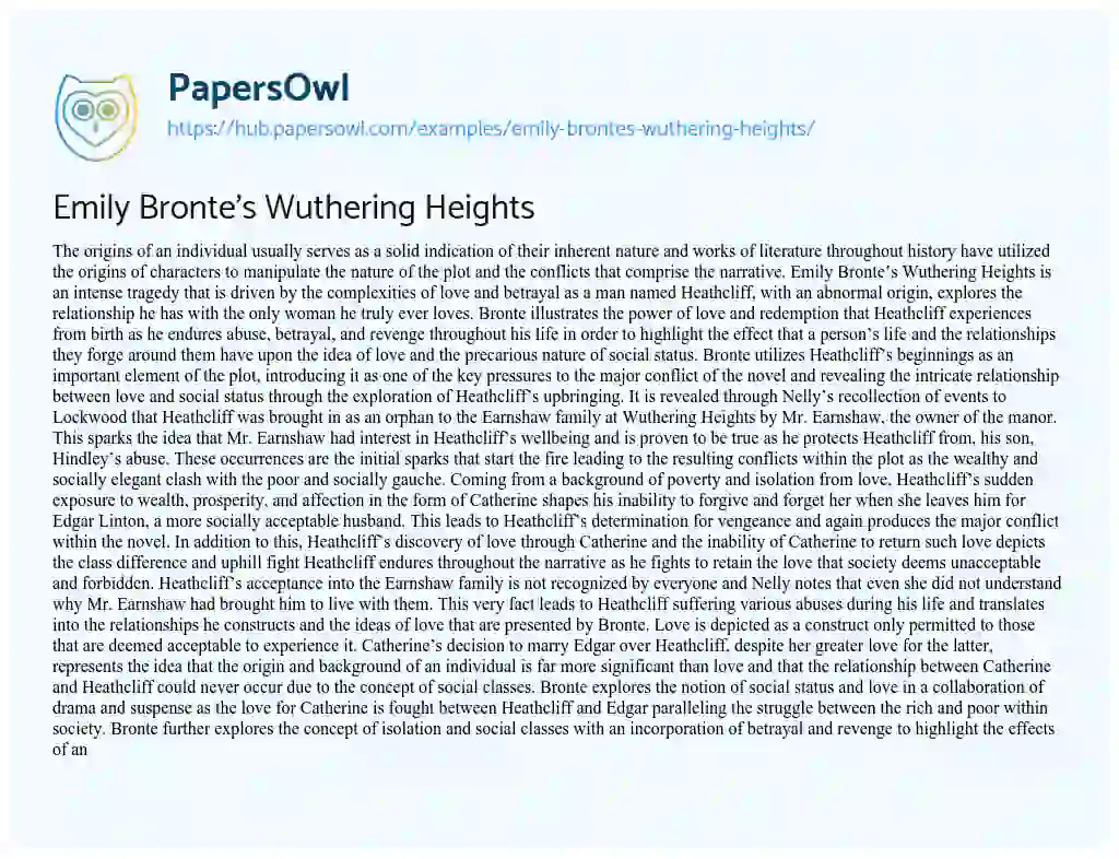 Essay on Emily Bronte’s Wuthering Heights