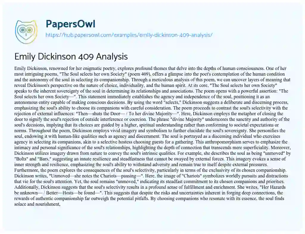 Essay on Emily Dickinson 409 Analysis