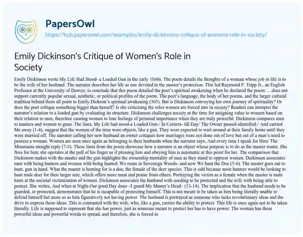 Essay on Emily Dickinson’s Critique of Women’s Role in Society