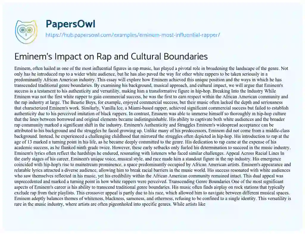 Essay on Eminem’s Impact on Rap and Cultural Boundaries