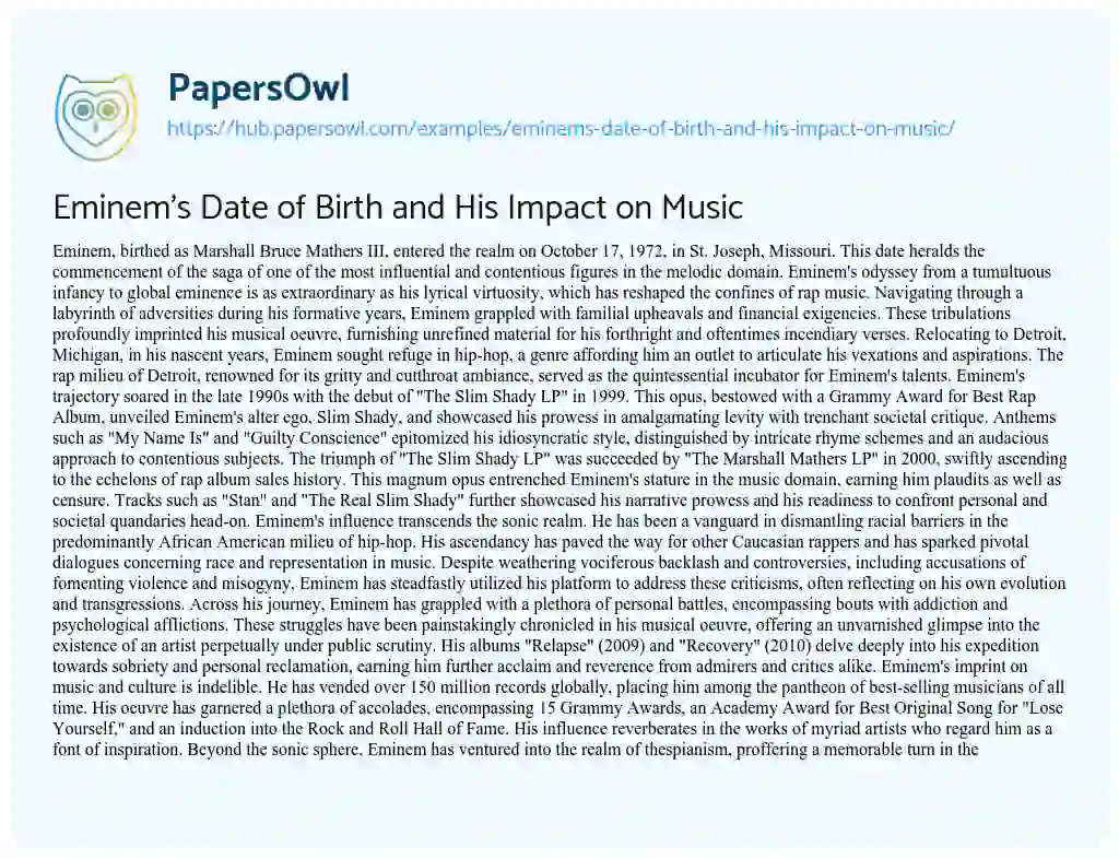 Essay on Eminem’s Date of Birth and His Impact on Music