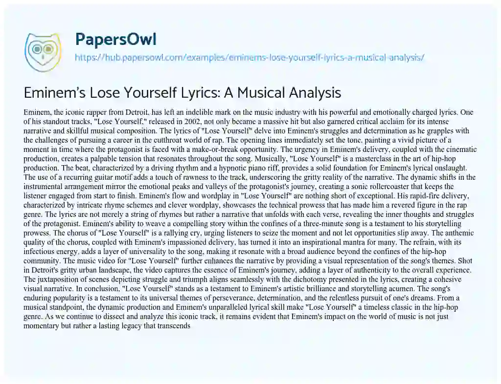 Essay on Eminem’s Lose Yourself Lyrics: A Musical Analysis