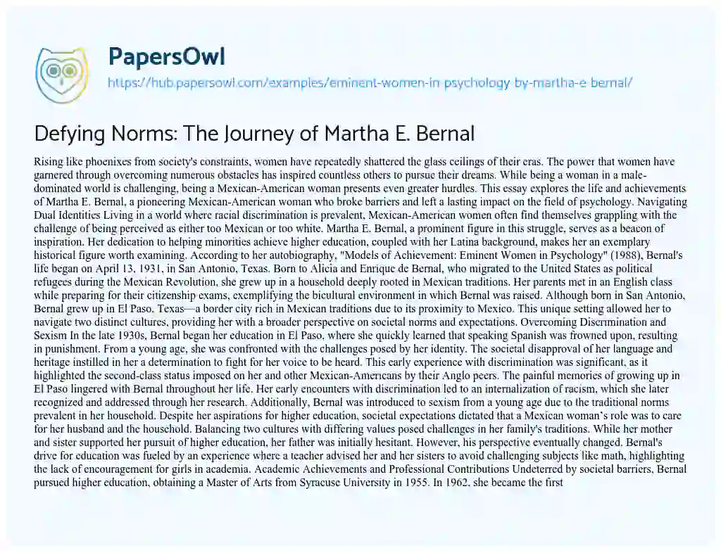 Essay on Defying Norms: The Journey of Martha E. Bernal
