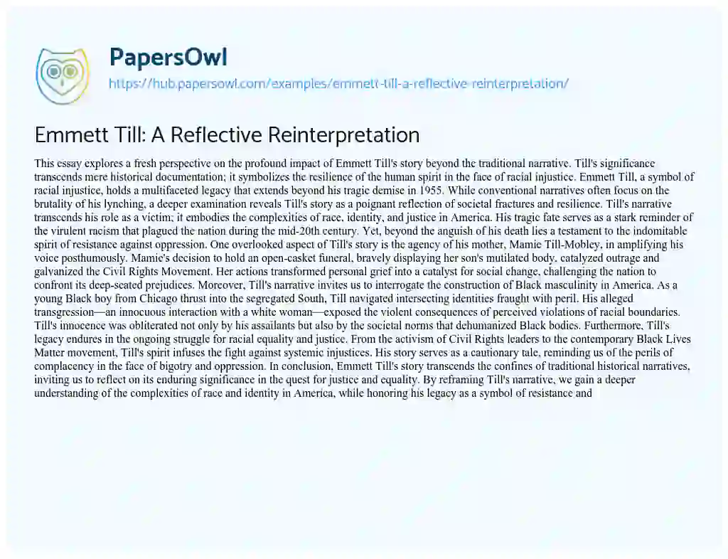 Essay on Emmett Till: A Reflective Reinterpretation