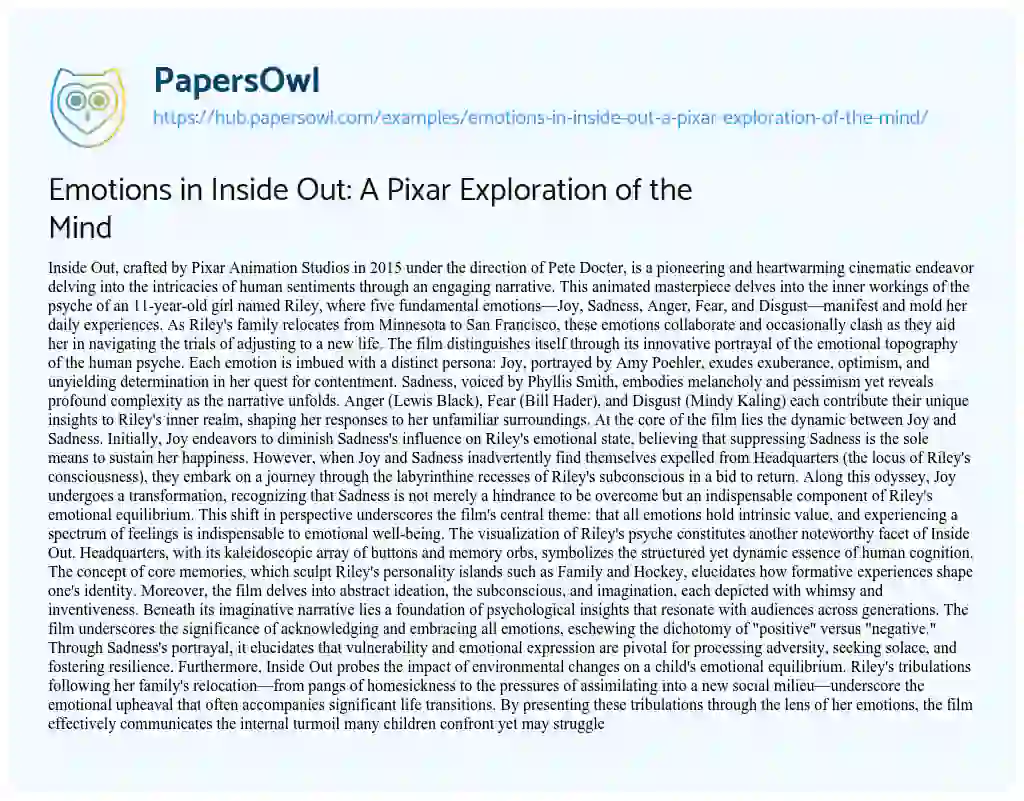 Essay on Emotions in Inside Out: A Pixar Exploration of the Mind