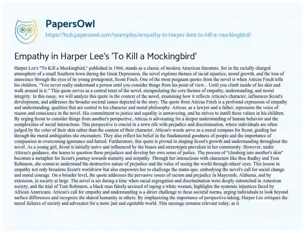 Essay on Empathy in Harper Lee’s ‘To Kill a Mockingbird’