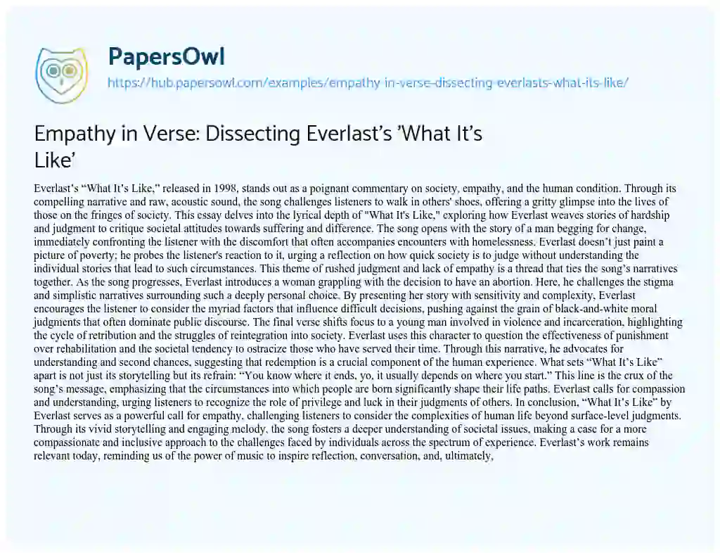 Essay on Empathy in Verse: Dissecting Everlast’s ‘What It’s Like’
