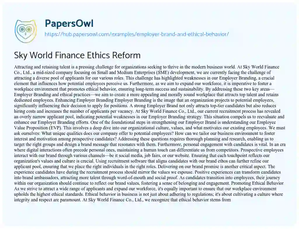 Essay on Sky World Finance Ethics Reform