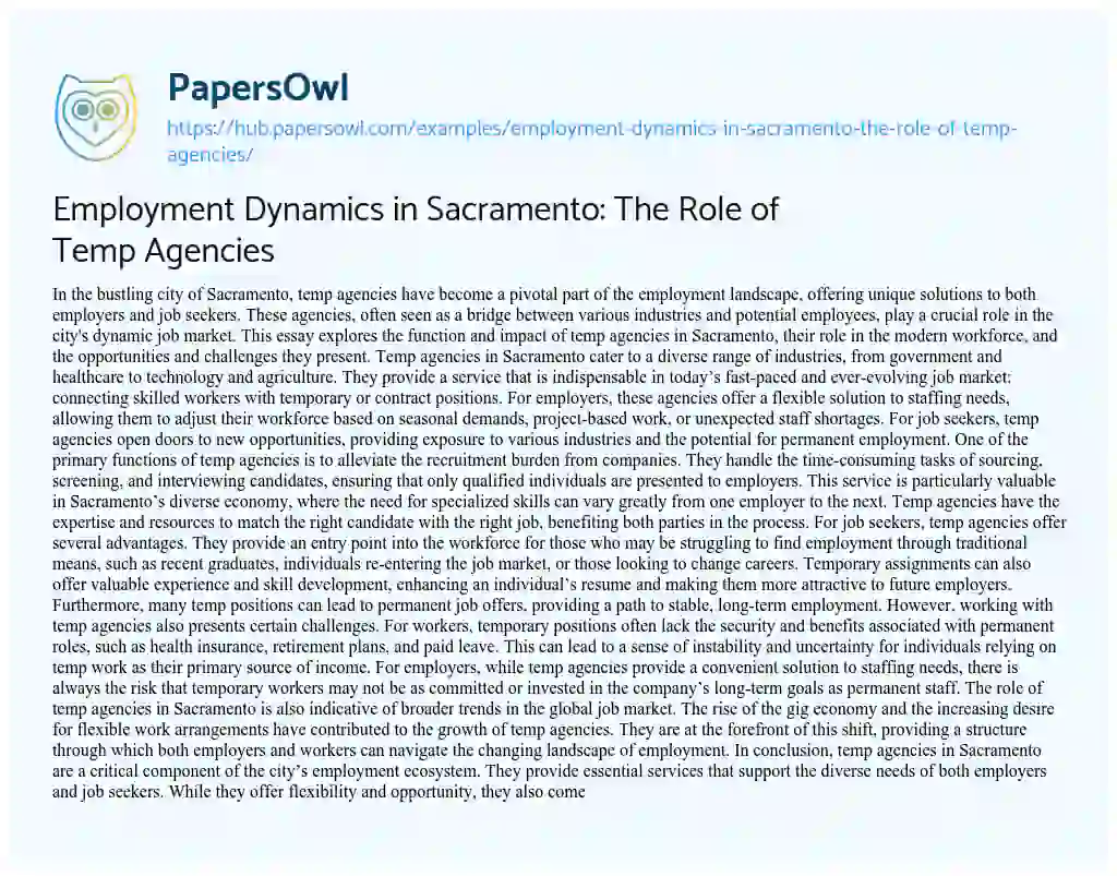 Essay on Employment Dynamics in Sacramento: The Role of Temp Agencies