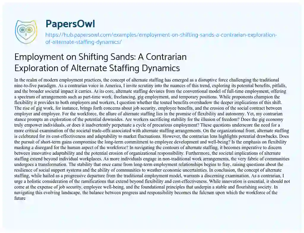 Essay on Employment on Shifting Sands: A Contrarian Exploration of Alternate Staffing Dynamics