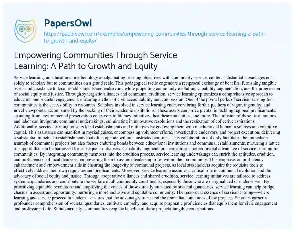Essay on Empowering Communities Through Service Learning: A Path to Growth and Equity