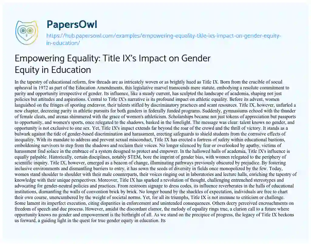 Essay on Empowering Equality: Title IX’s Impact on Gender Equity in Education