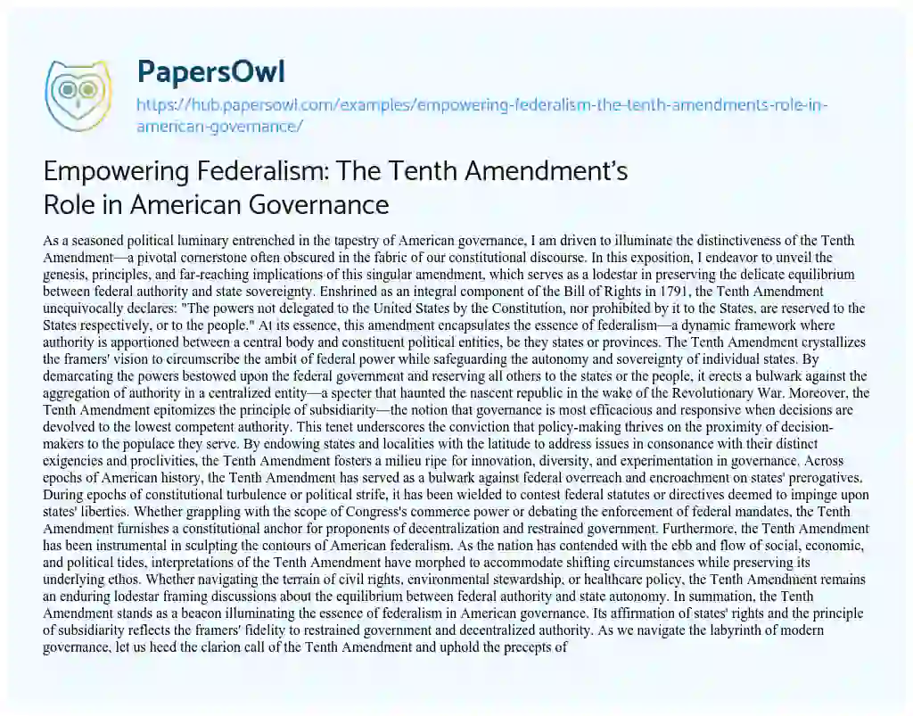 Essay on Empowering Federalism: The Tenth Amendment’s Role in American Governance