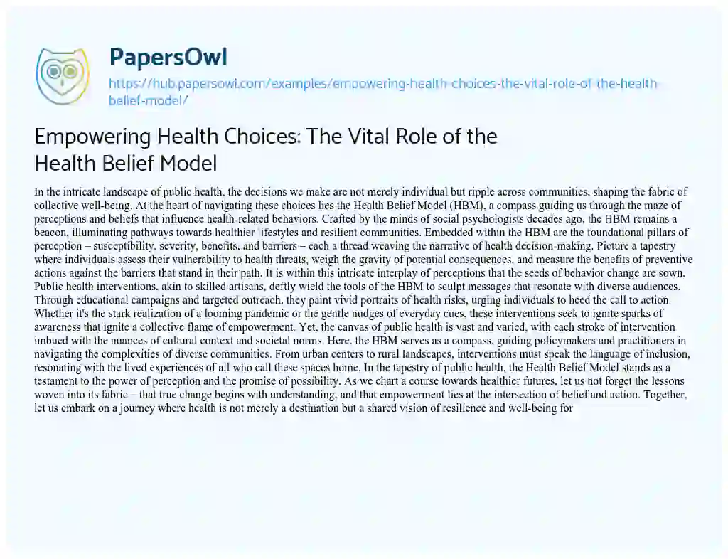 Essay on Empowering Health Choices: The Vital Role of the Health Belief Model